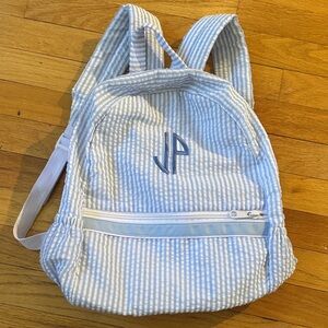 Children’s Seersucker Blue and White Striped Backpack personalized “JP”